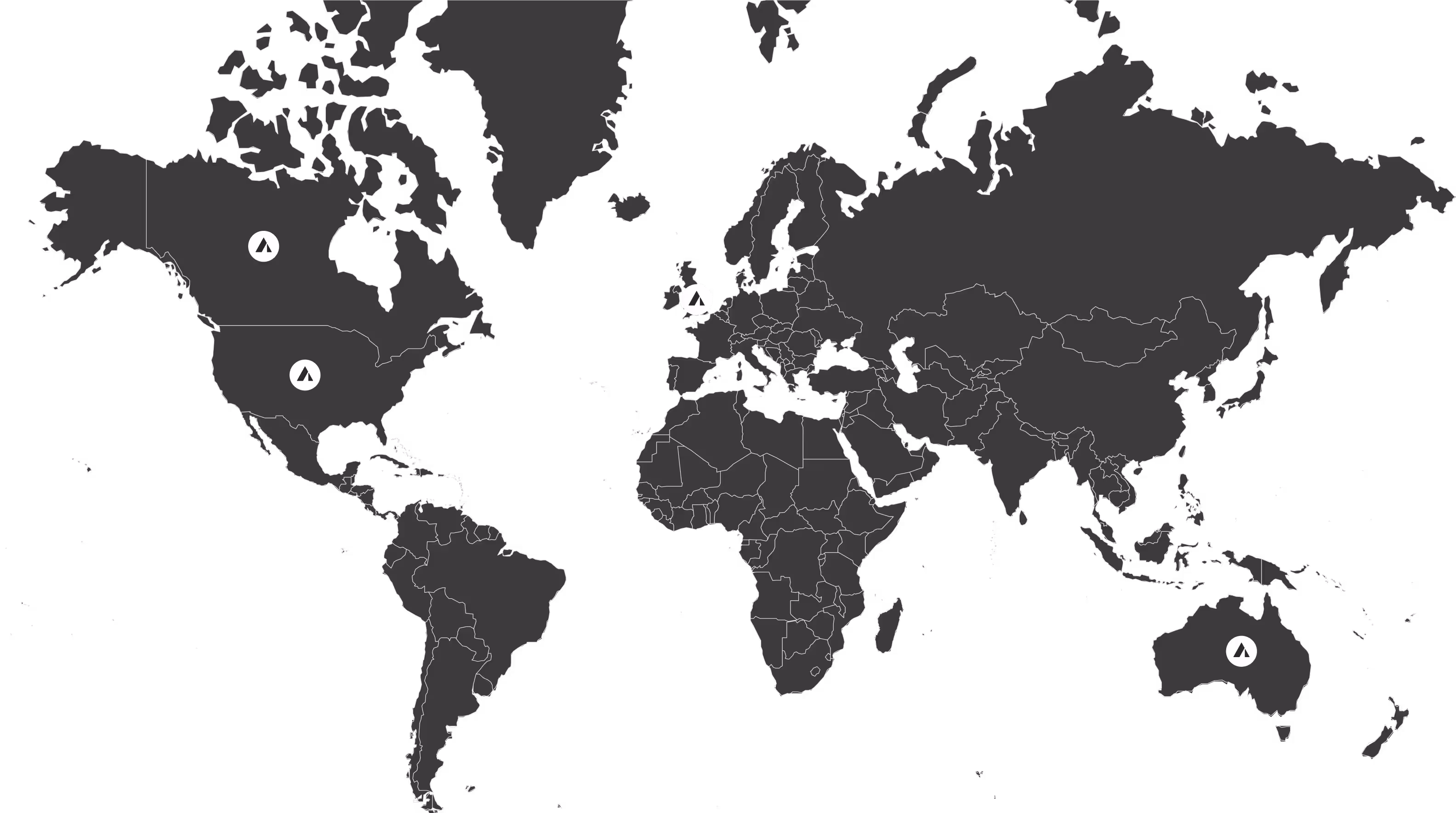 World map with location markers in Western Canada, the United States, the United Kingdom, and Australia.