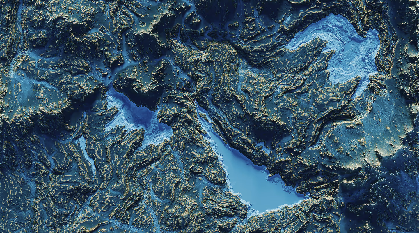 Topographic map showing a mountainous terrain with deep valleys filled with blue water.